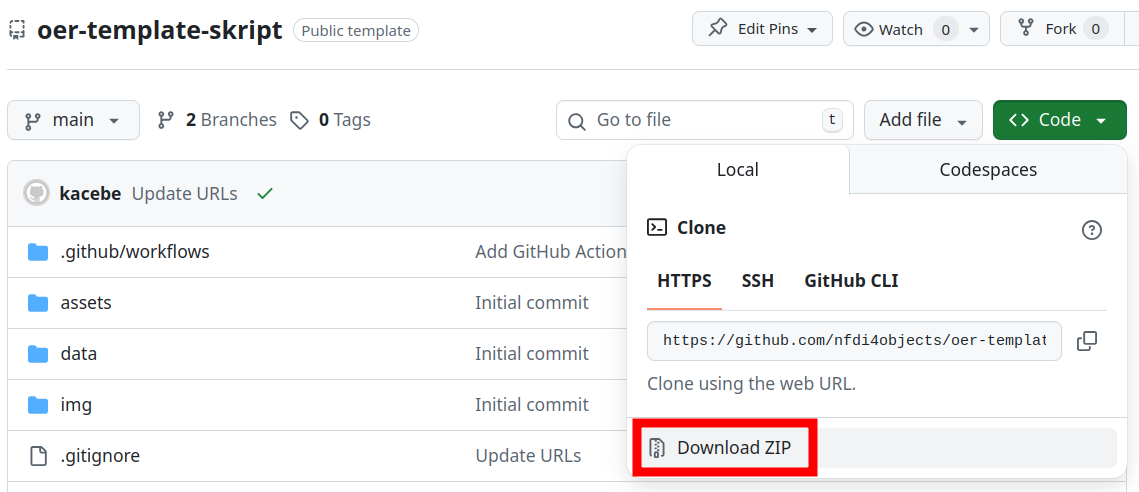 Screenshot des Template-Repository in GitHub