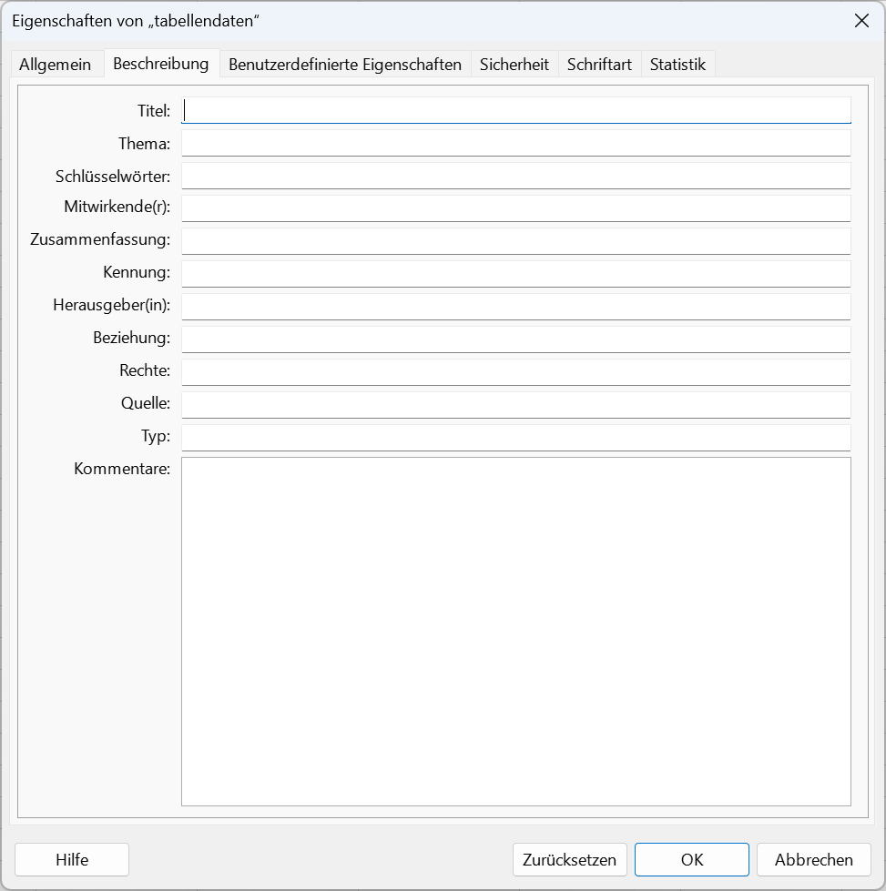 Dialogfenster zu Metadaten